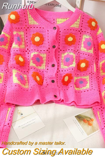 Runhufu Fall Women's Crochet Cardigans Multicolor Y2k Vintage Knitted Sweaters Long Sleeve Loose Coats Warm Sweaters 3 Colors